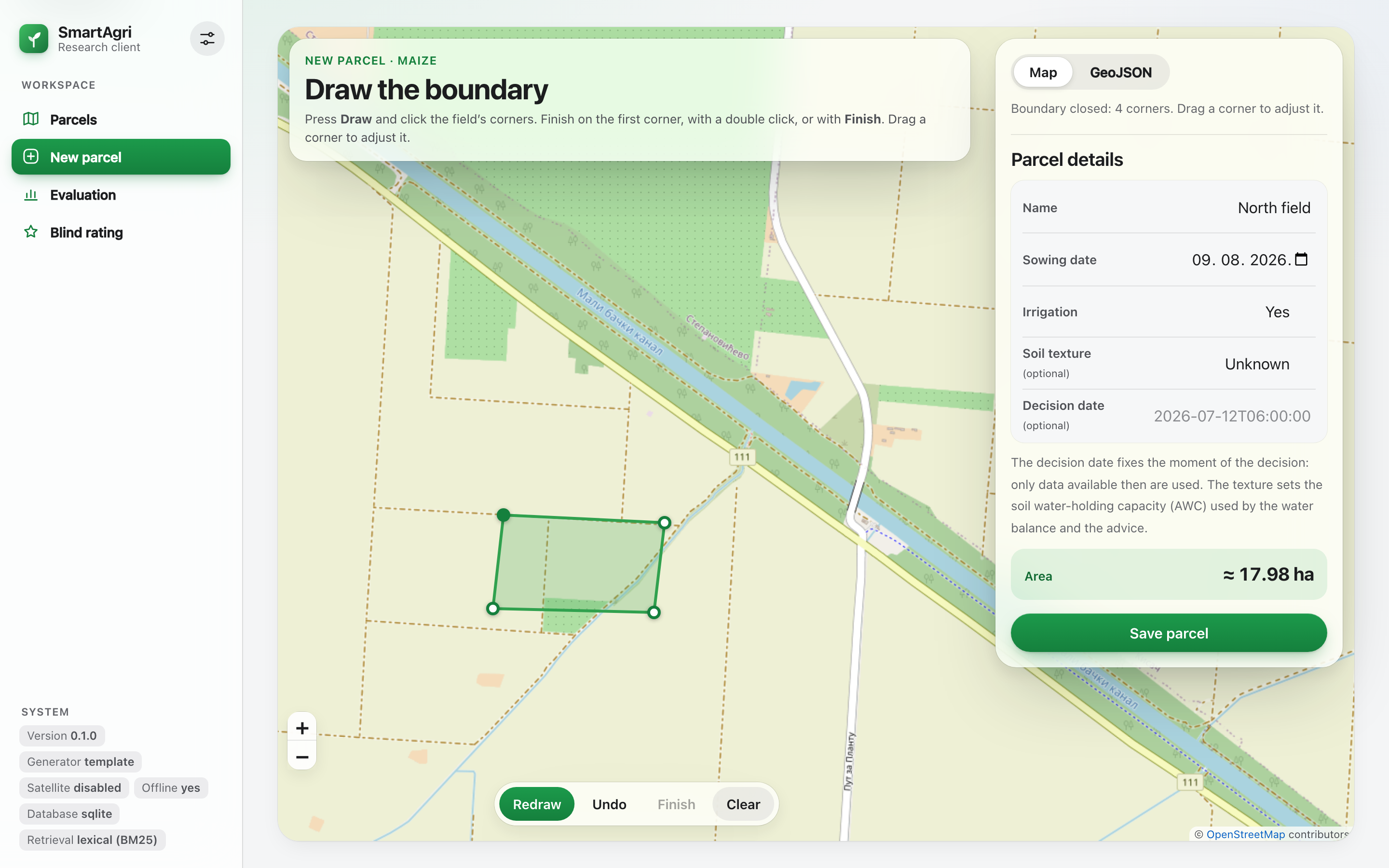 New parcel screen with a field boundary drawn on an OpenStreetMap map, next to a form with name, sowing date and irrigation