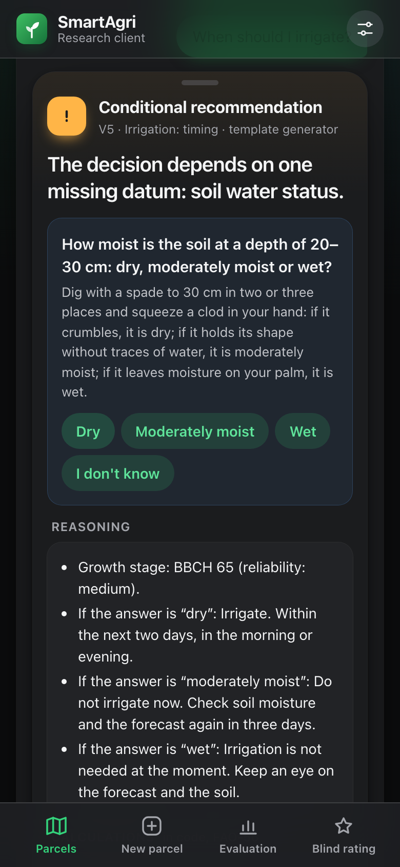 Web app on a phone-sized screen in the dark theme: an answer card with a conditional recommendation and its follow-up question